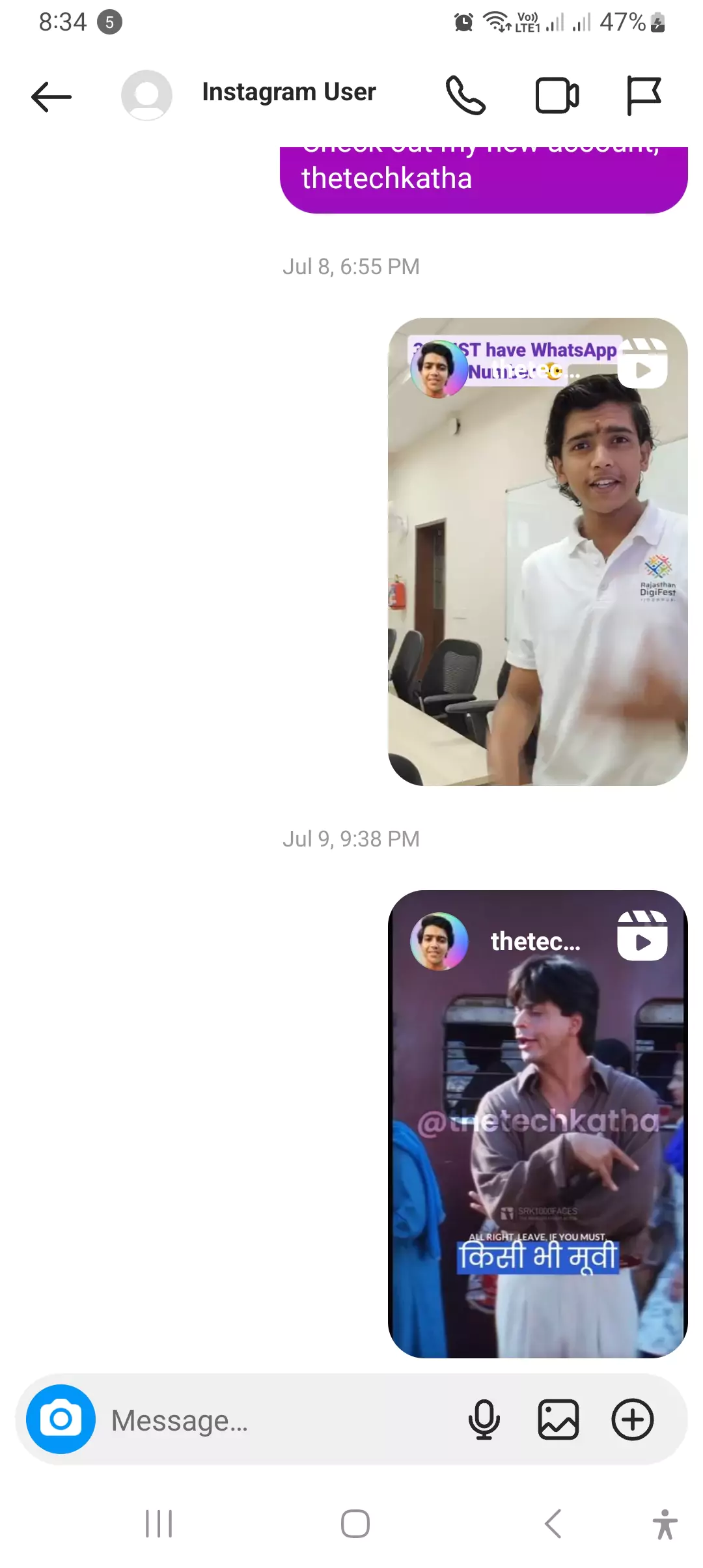 previous chats with deleted instagram account