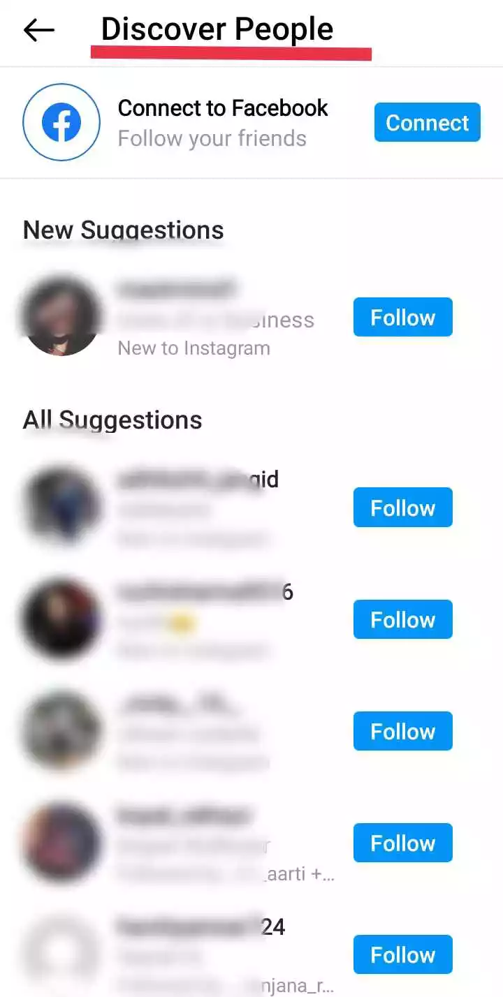 Instagram Discover People Feed from contacts