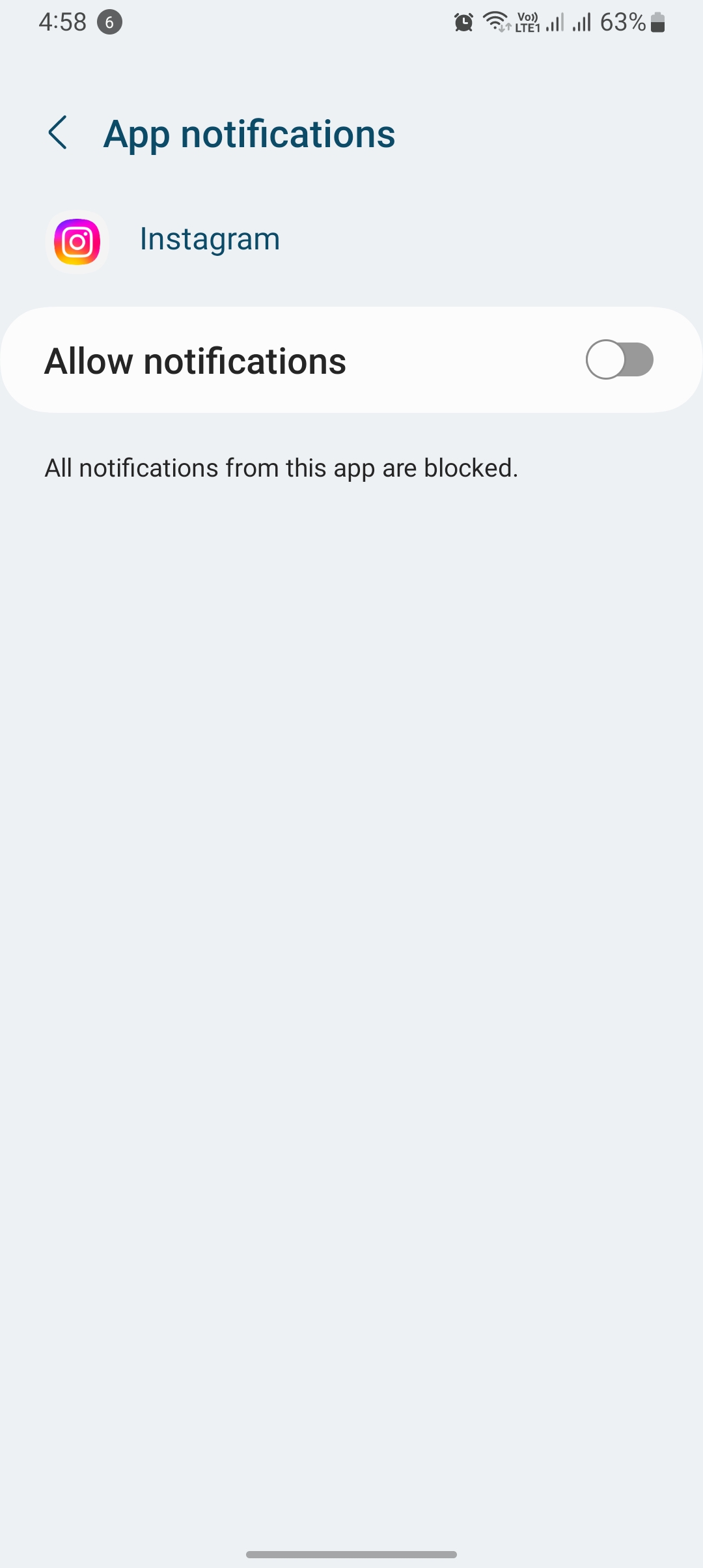 blocked notifications of the Instagram app