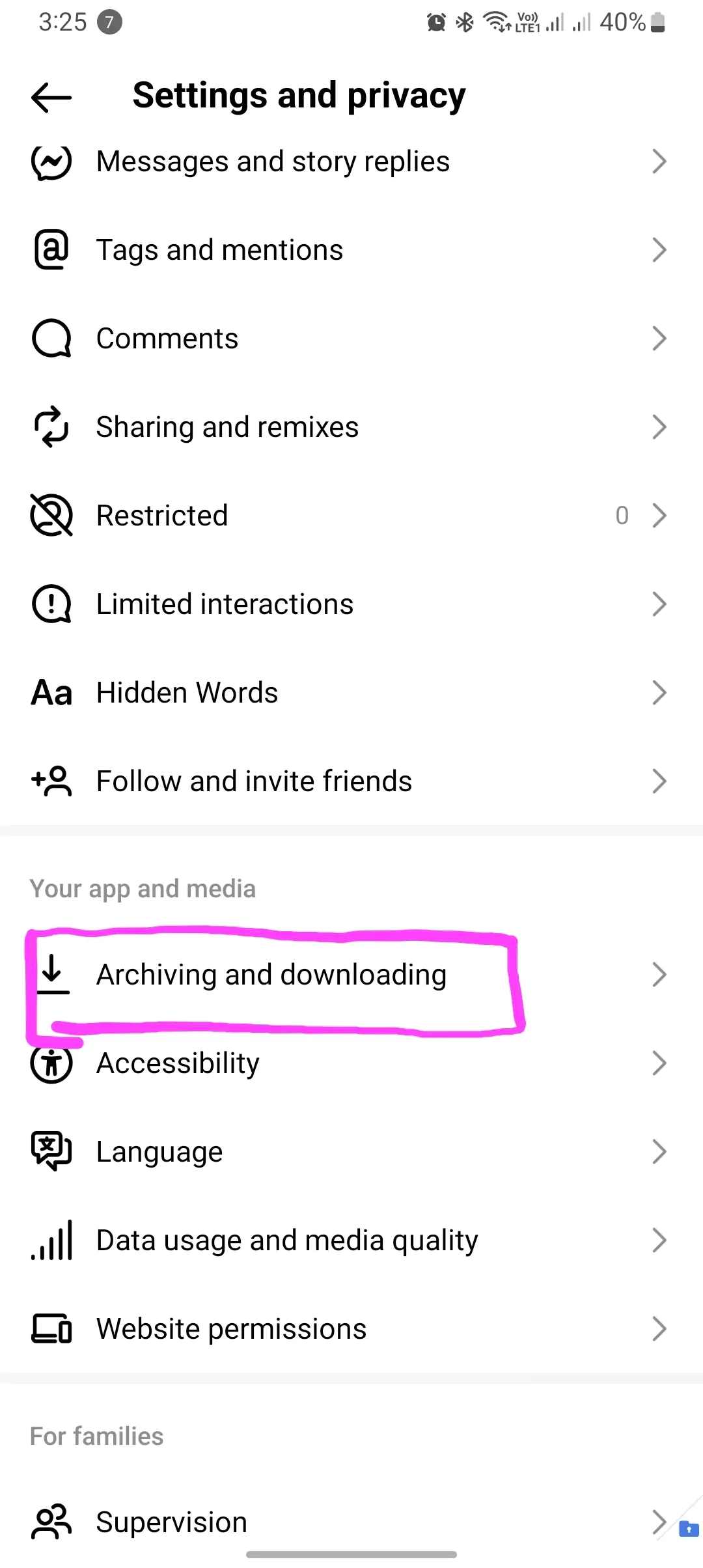 archiving and downloading settings screenshot highlighted