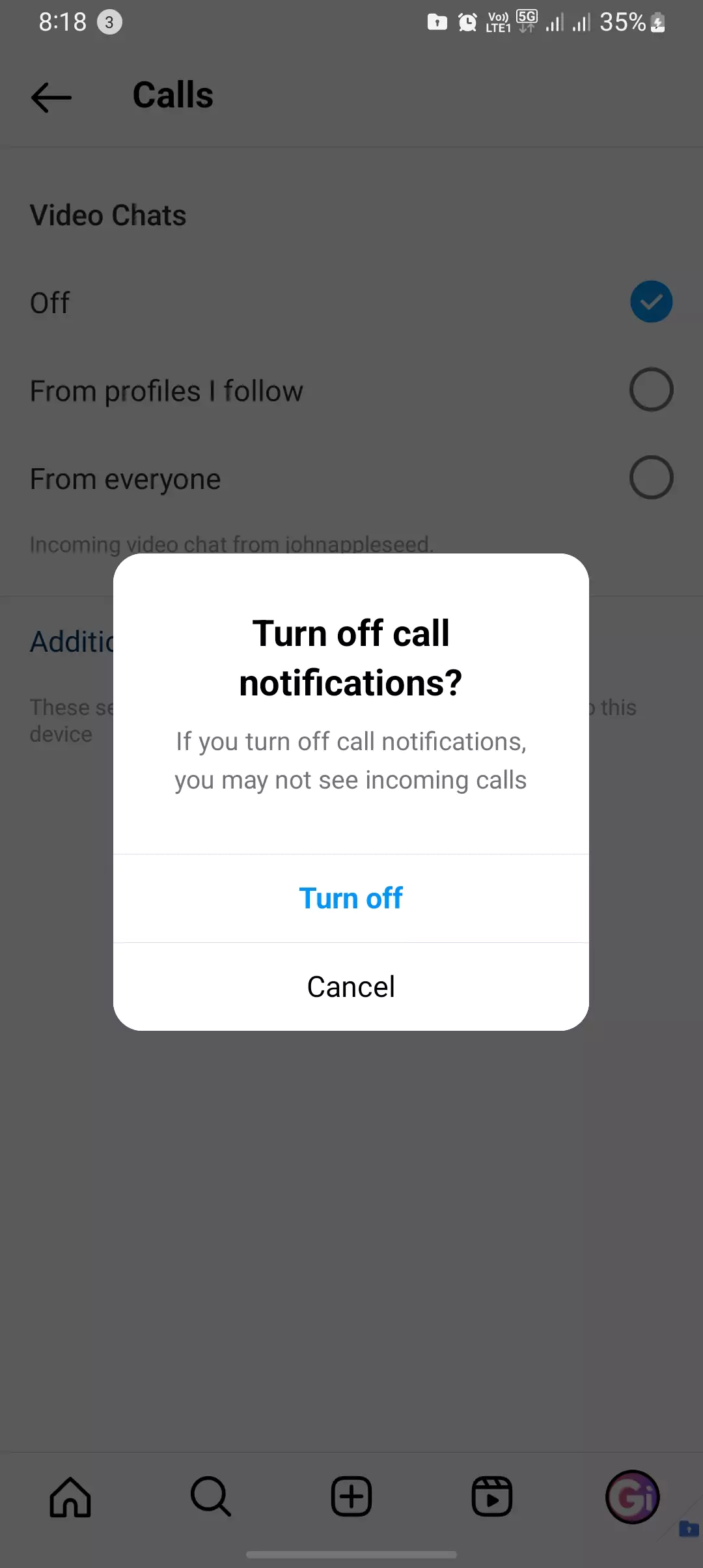 confirmation to disable calls from instagram app