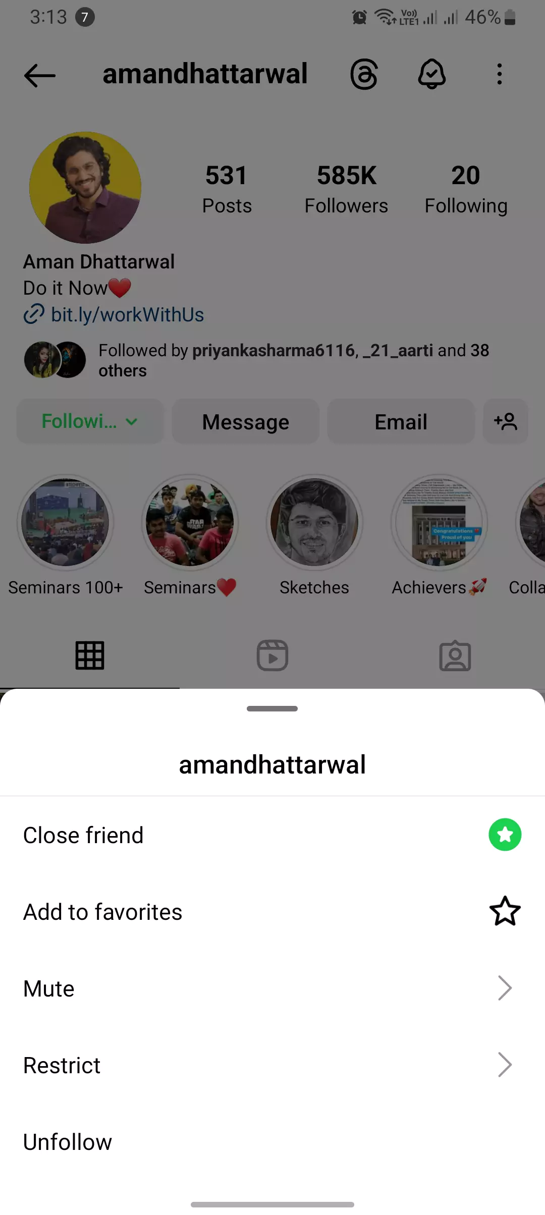 detailed green following button highlighted from aman dhattarwal instagram account