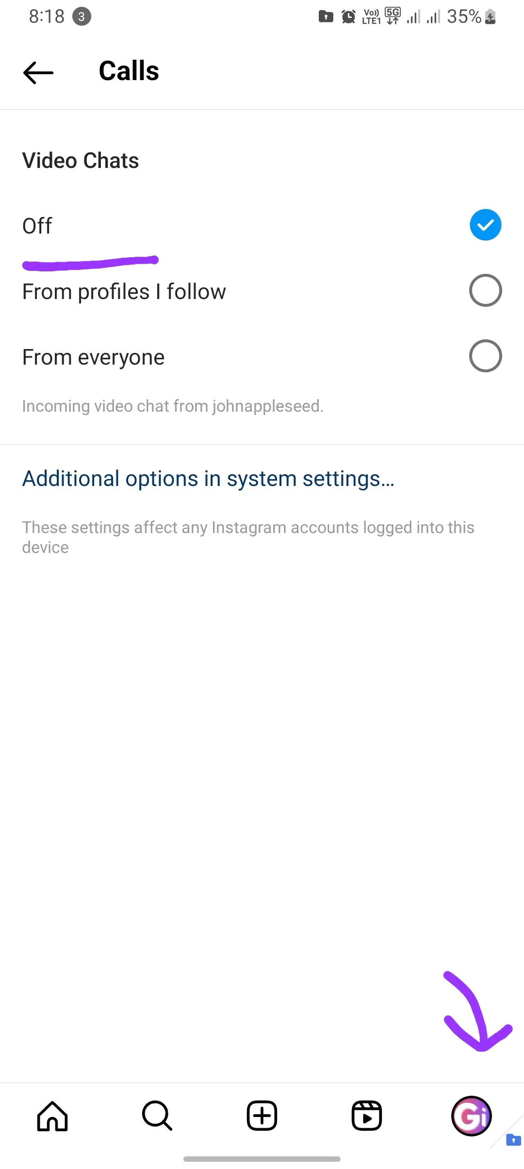 disabling calls on instagram highlighted