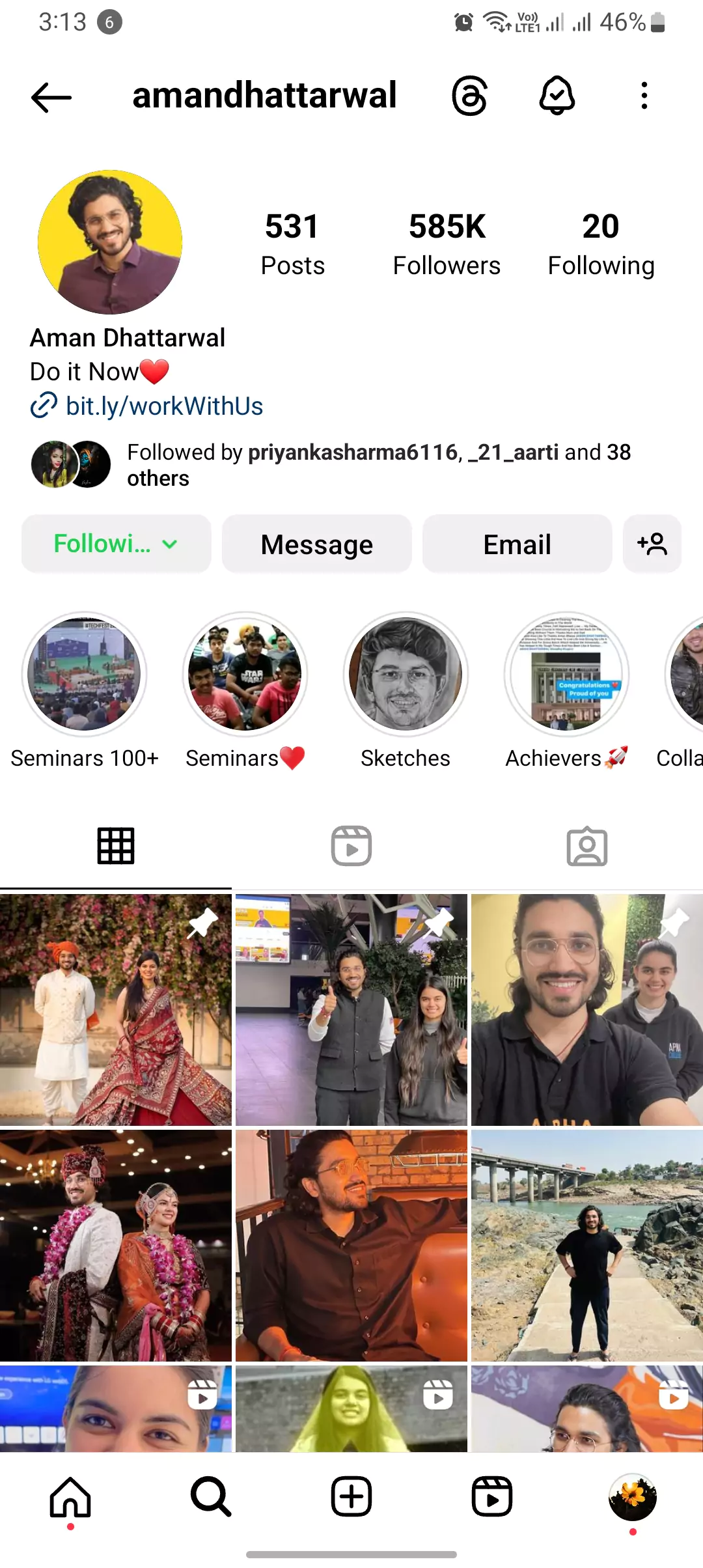 green following button highlighted from aman dhattarwal instagram account
