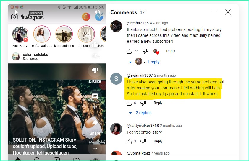 someone in youtube comments suggesting how to fix instagram story upload failed