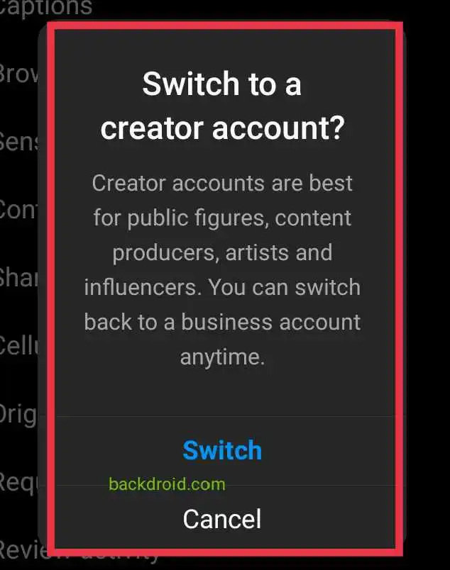 confirmation while Switching Into Creator account Instagram