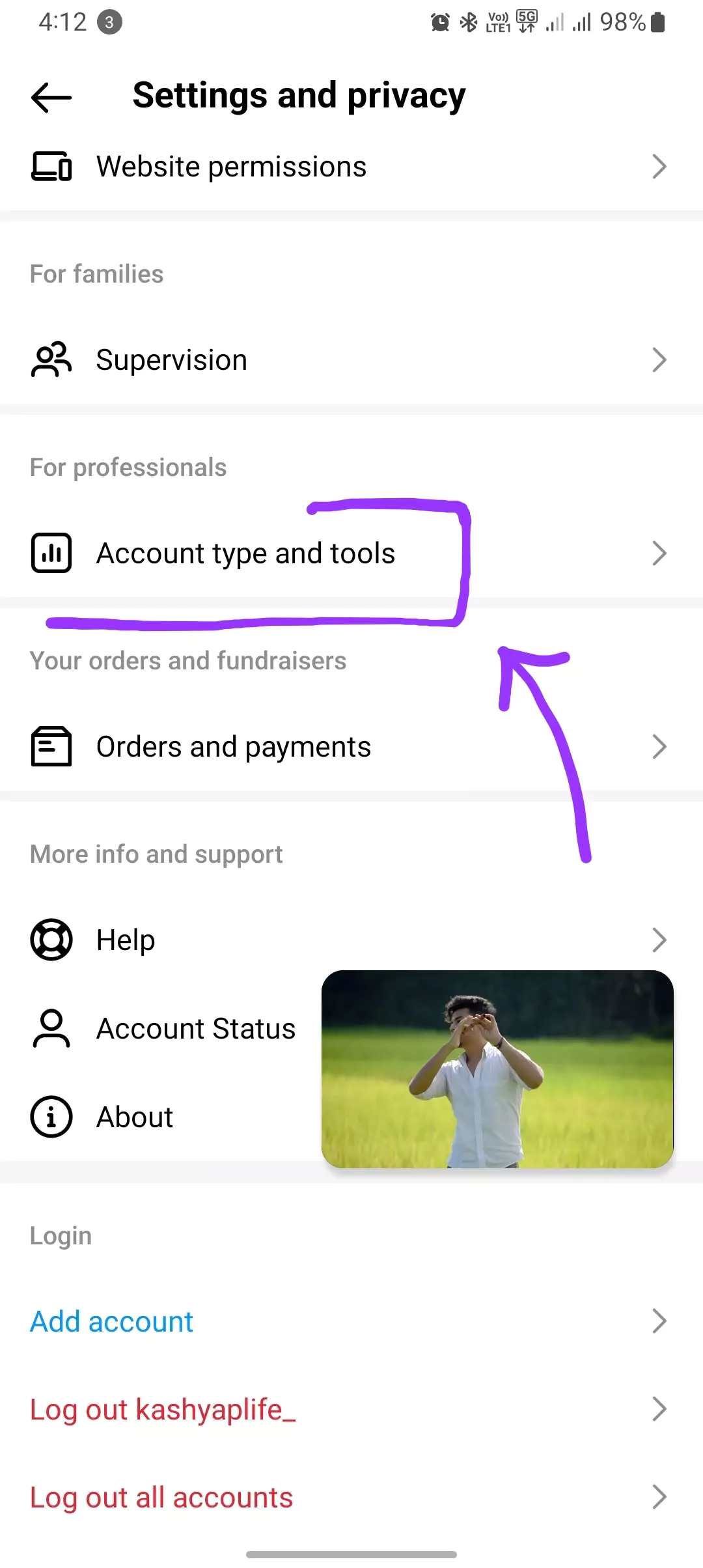 account type highlighted from settings
