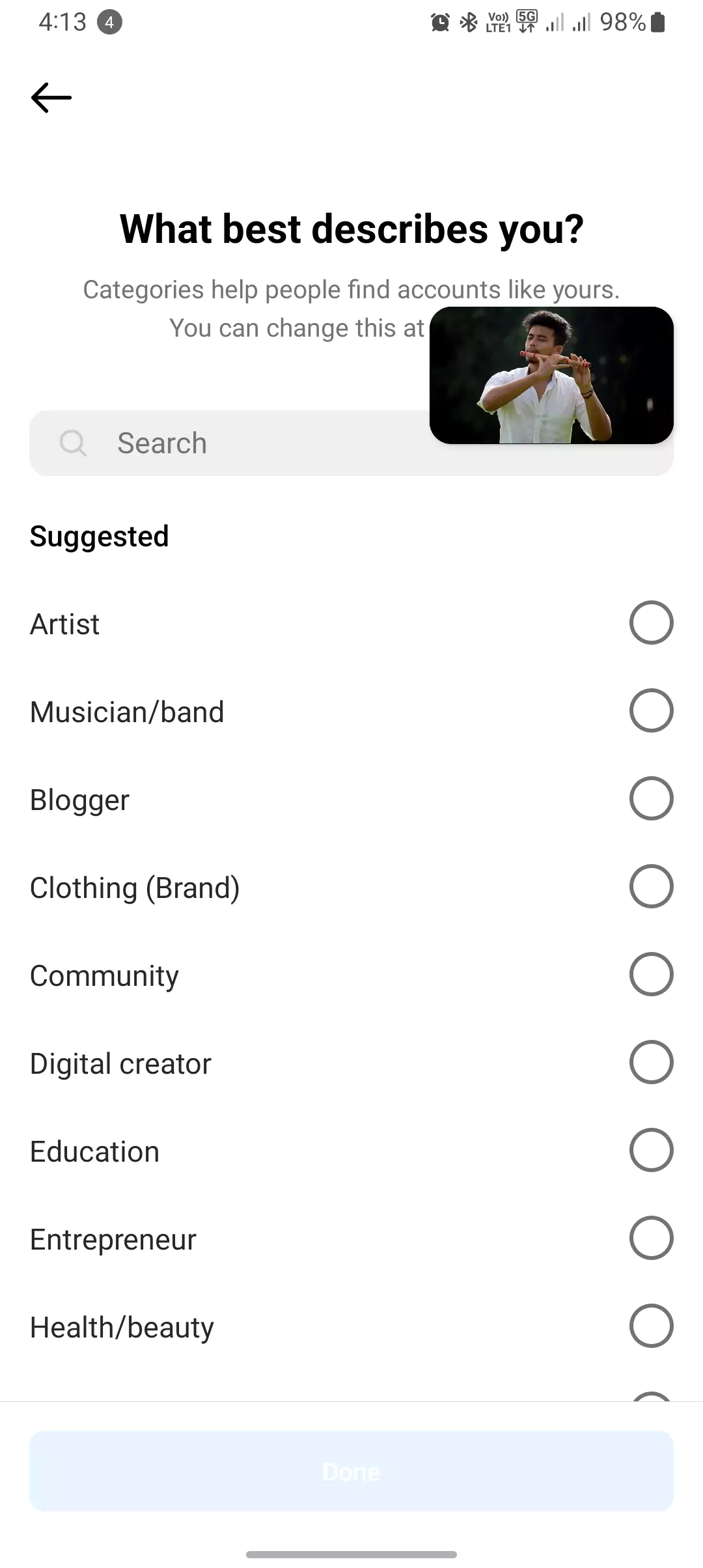 choosing a category for creator account