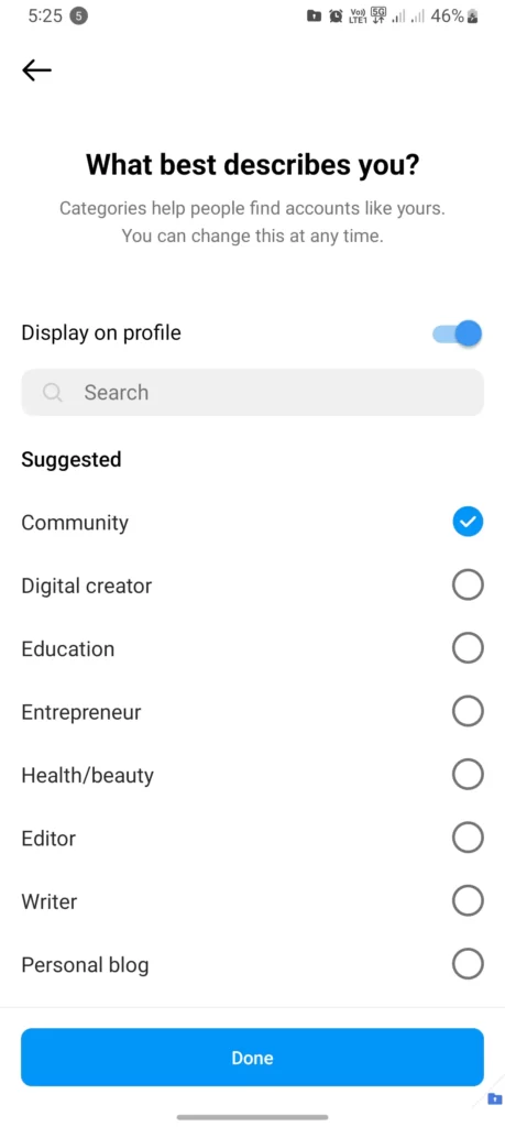 choosed category to add on instagram profile bio screenshot