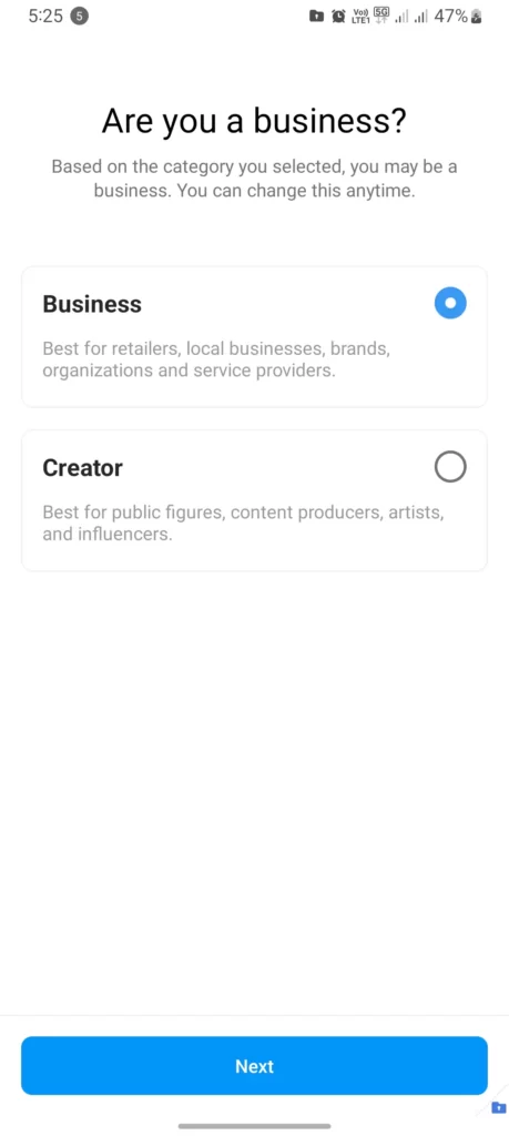 choosing business and creator account while adding category