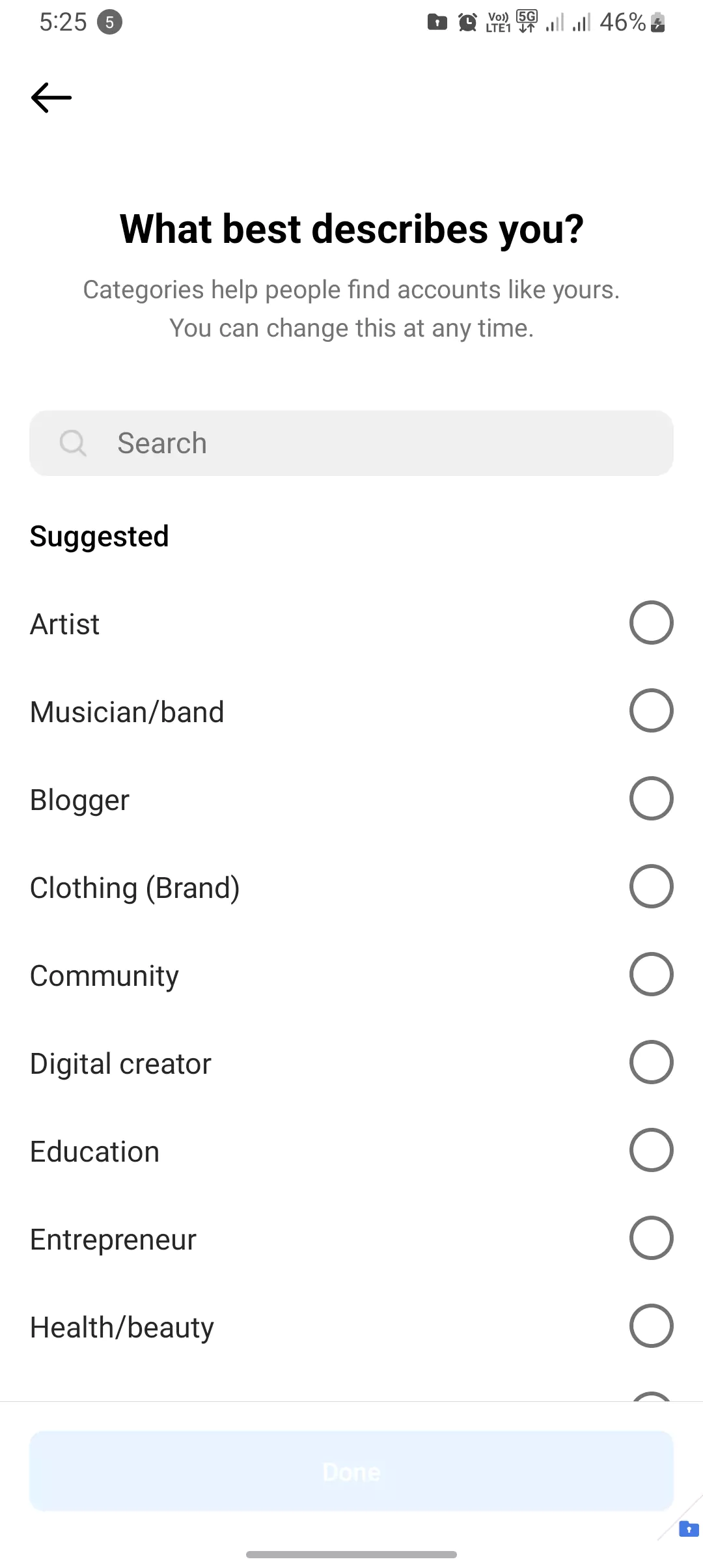 choosing category to add on instagram profile bio screenshot