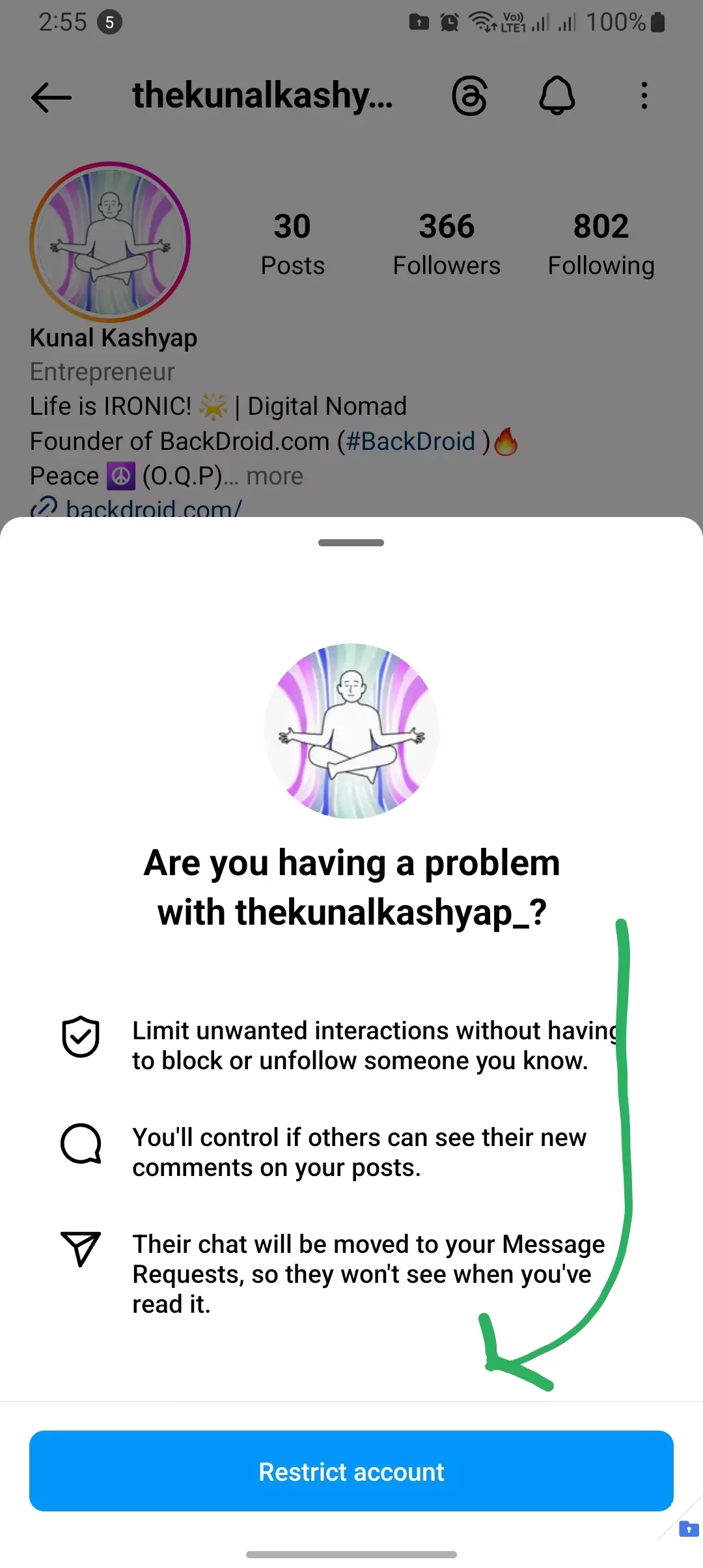 retrict a user on Instagram confirmation screenshot