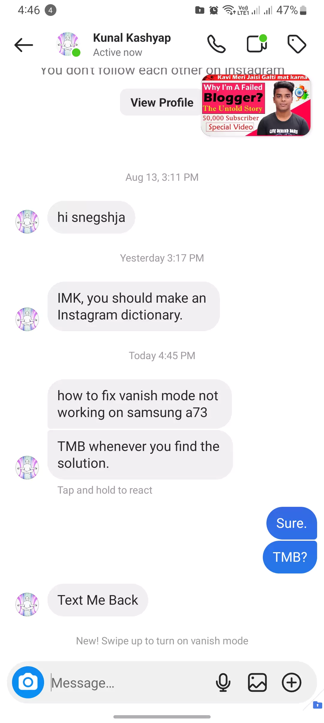 What does TMB mean on Instagram screenshot of a Chat