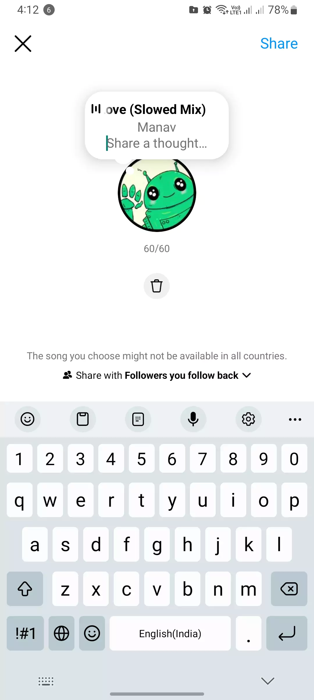 choosed music for instagram notes