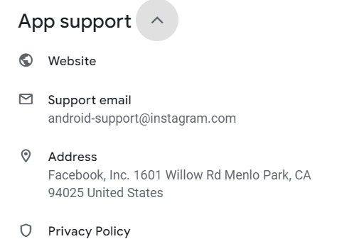 support page of instagram app screenshot from play store
