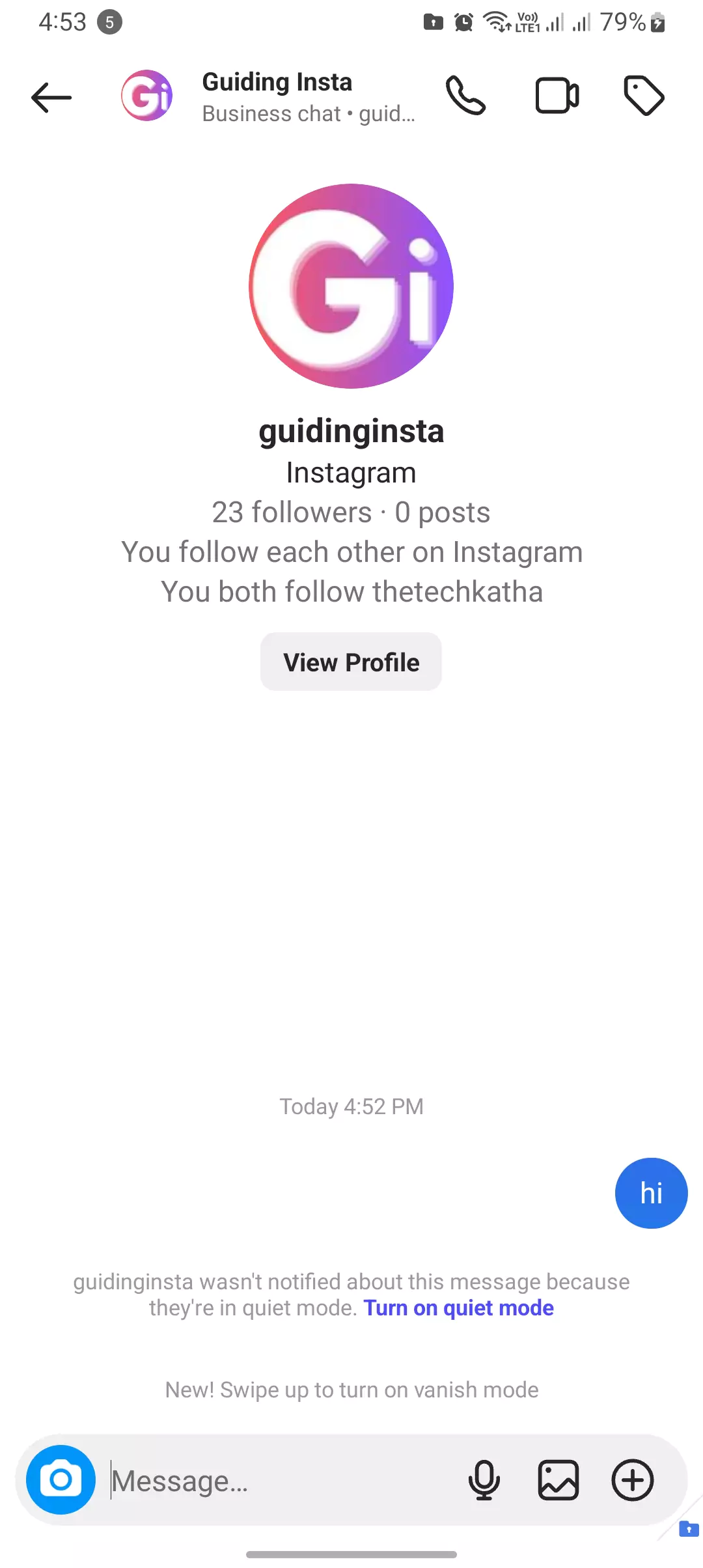 when user is in quiet mode on instagram alert by instagram screenshot