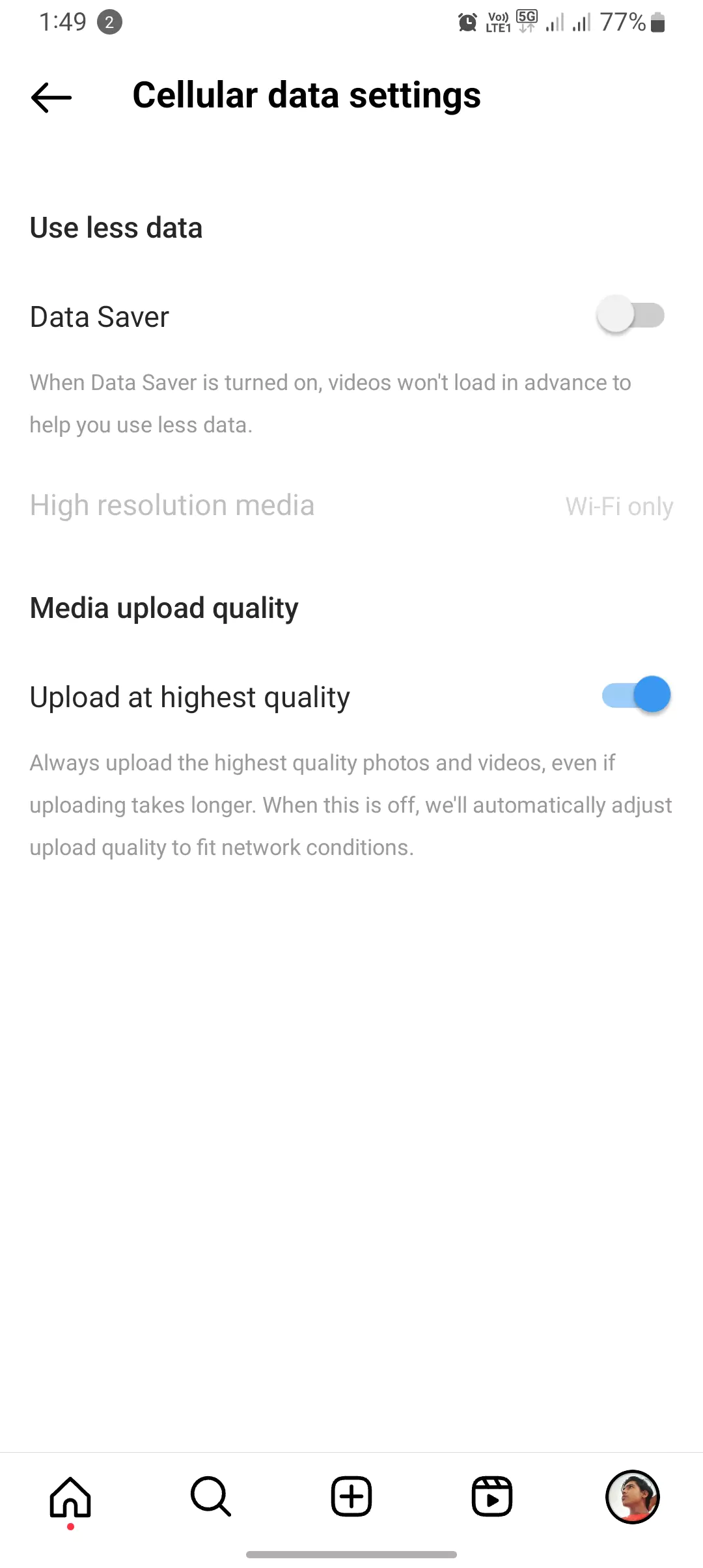cellular data settings opened with data saver and media quality screenshot from instagram setting
