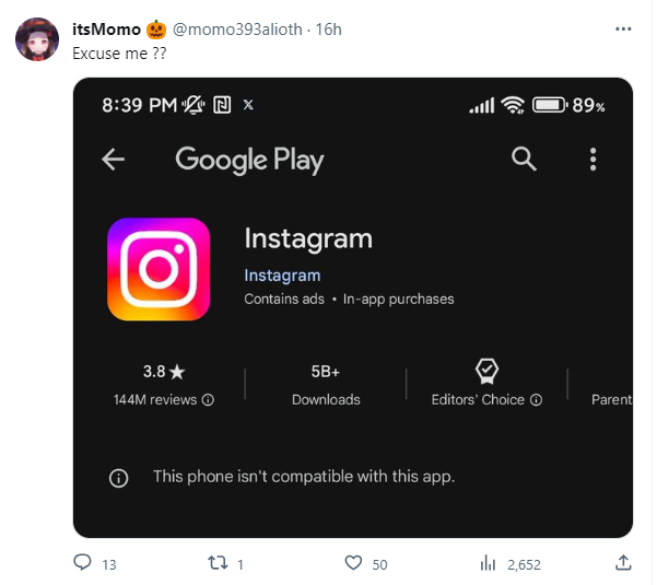 this phone isn't compatible with this app for instagram screenshot