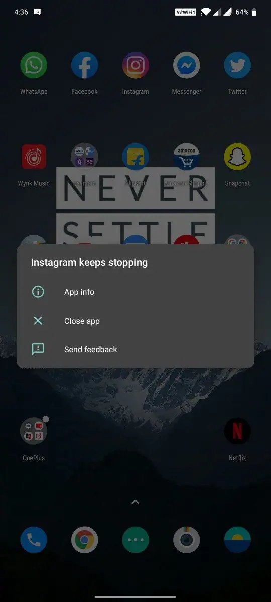 instagram apps keeps stopping and crashing highlighted with options to close app, wait or send feedback