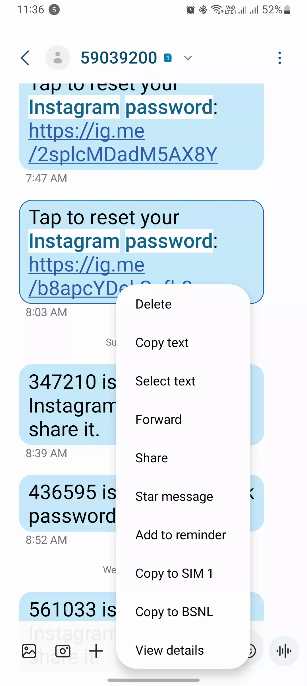 screenshot of copying the Instagram Reset Password Link