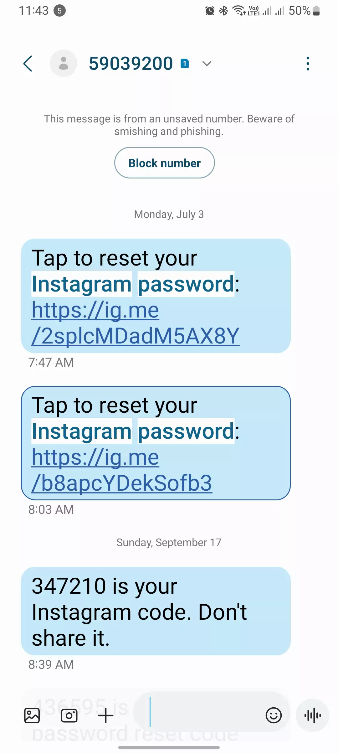screenshot of instagram password reset link with OTP