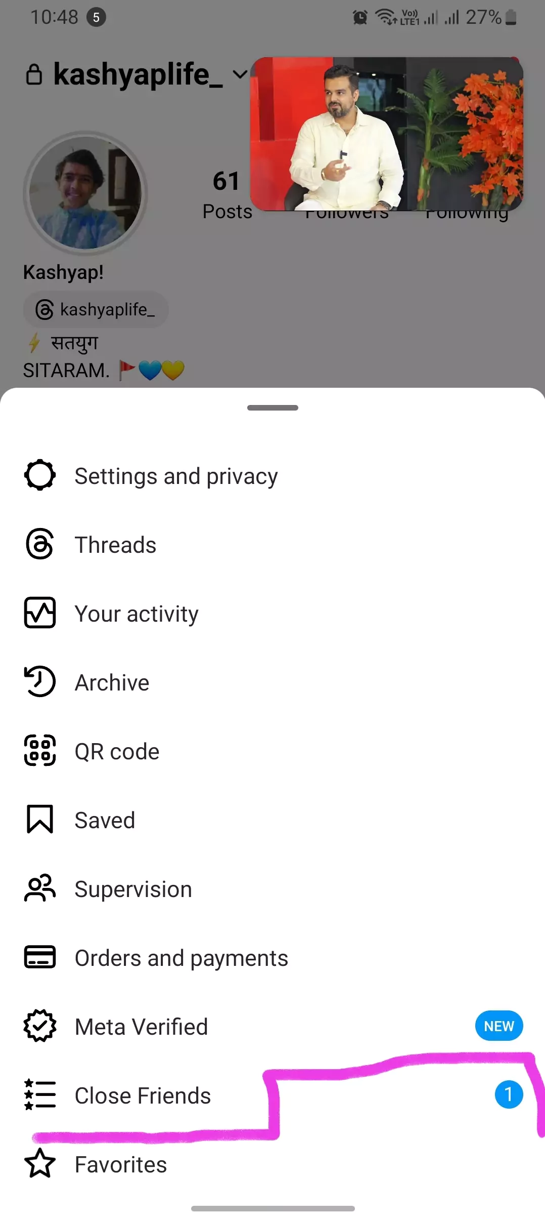close friend list highlighted from instagram settings screenshot