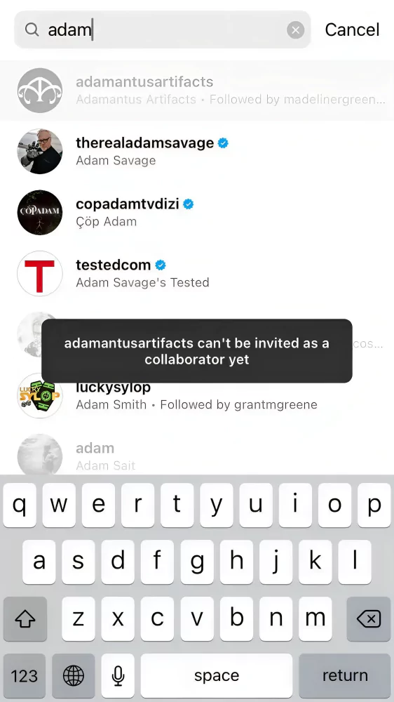 when looking for a person but app says Instagram Can't Be Invited as a Collaborator Yet