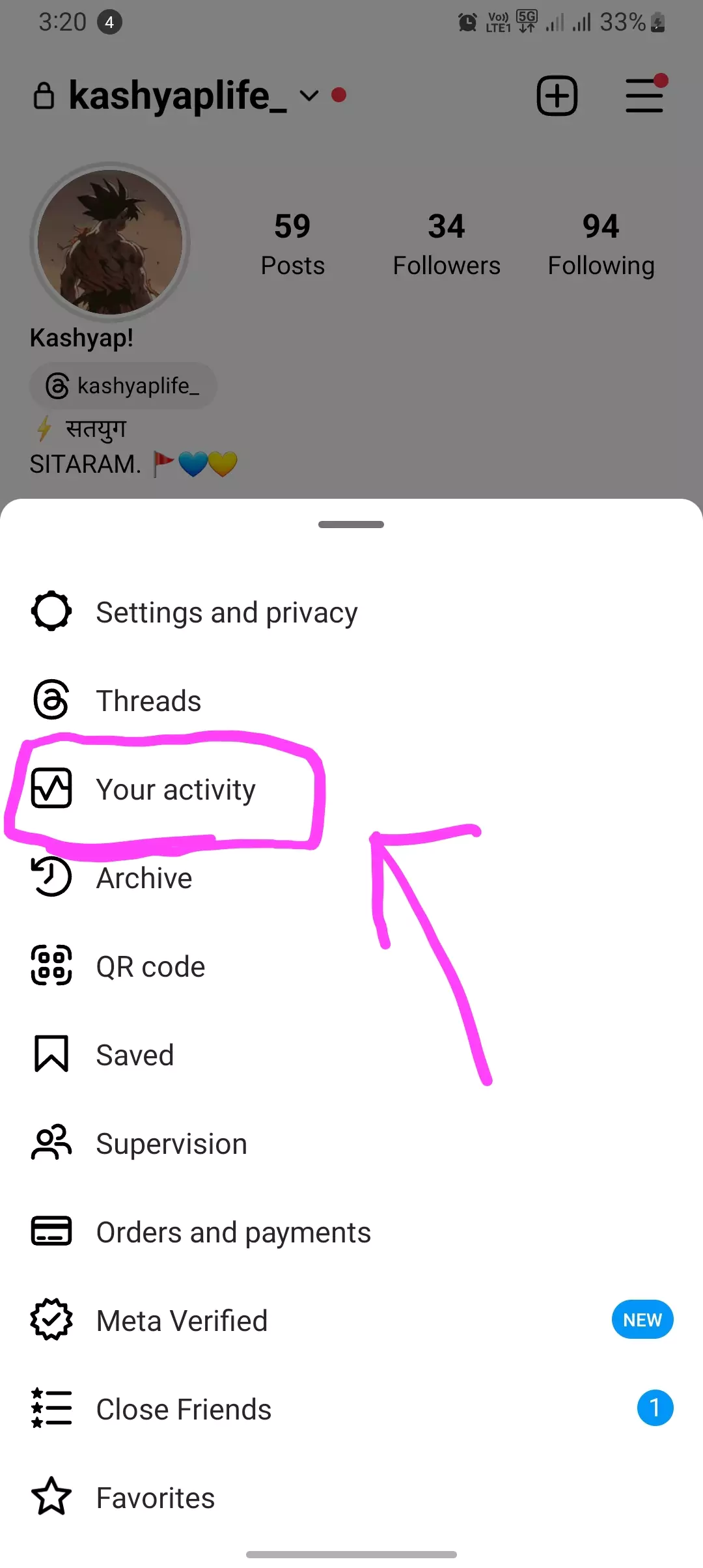 your activity highlighted from settings menu