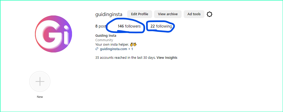 screenshot of guidinginsta instagram account with highlighted followers and following